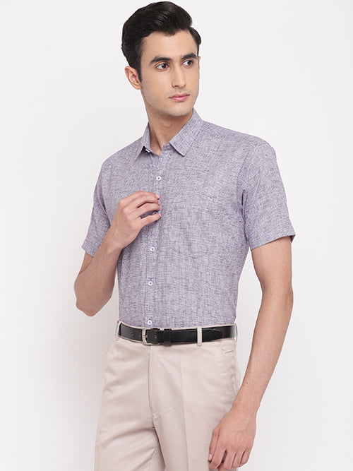 Men's Cotton Linen Pin Checks Half Sleeves Shirt (Purple)