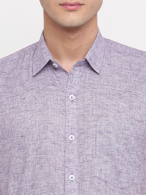 Men's Cotton Linen Pin Checks Half Sleeves Shirt (Purple)