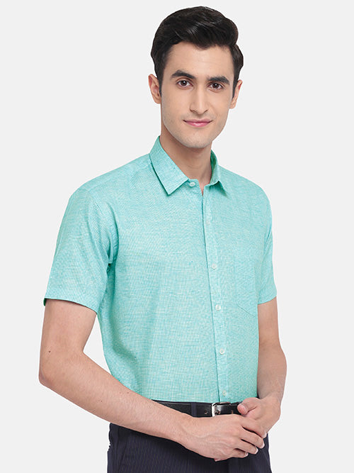 Men's Cotton Linen Pin Checks Half Sleeves Shirt (Green)