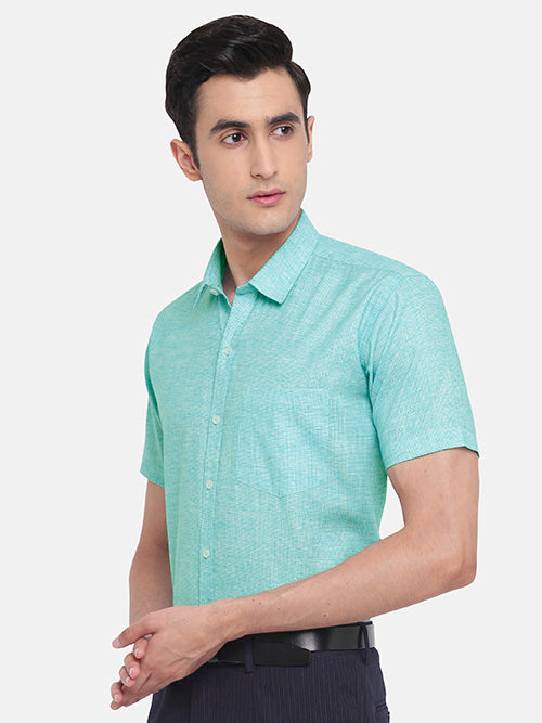 Men's Cotton Linen Pin Checks Half Sleeves Shirt (Green)