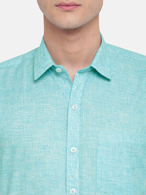 Men's Cotton Linen Pin Checks Half Sleeves Shirt (Green)