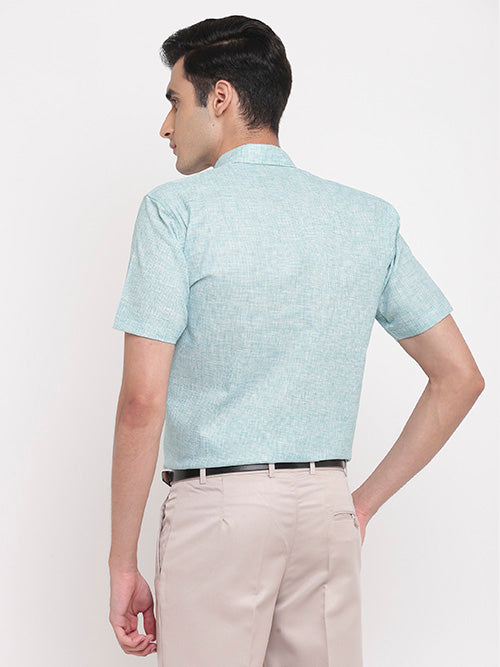 Men's Cotton Linen Pin Checks Half Sleeves Shirt (Sky Blue)
