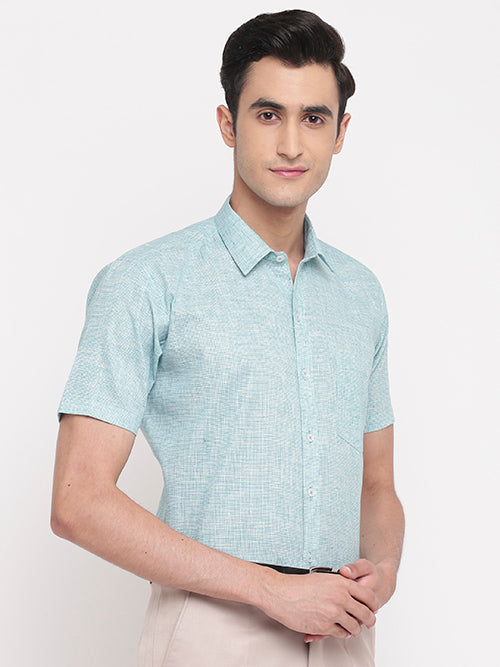 Men's Cotton Linen Pin Checks Half Sleeves Shirt (Sky Blue)