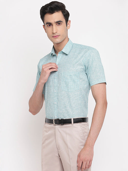 Men's Cotton Linen Pin Checks Half Sleeves Shirt (Sky Blue)