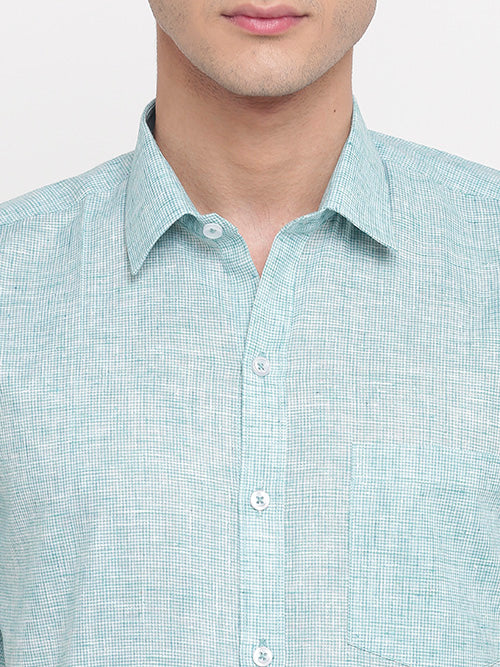 Men's Cotton Linen Pin Checks Half Sleeves Shirt (Sky Blue)