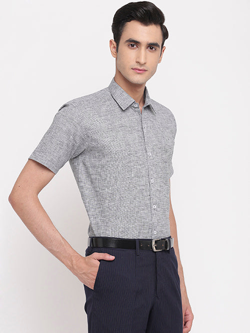 Men's Cotton Linen Pin Checks Half Sleeves Shirt (Grey)