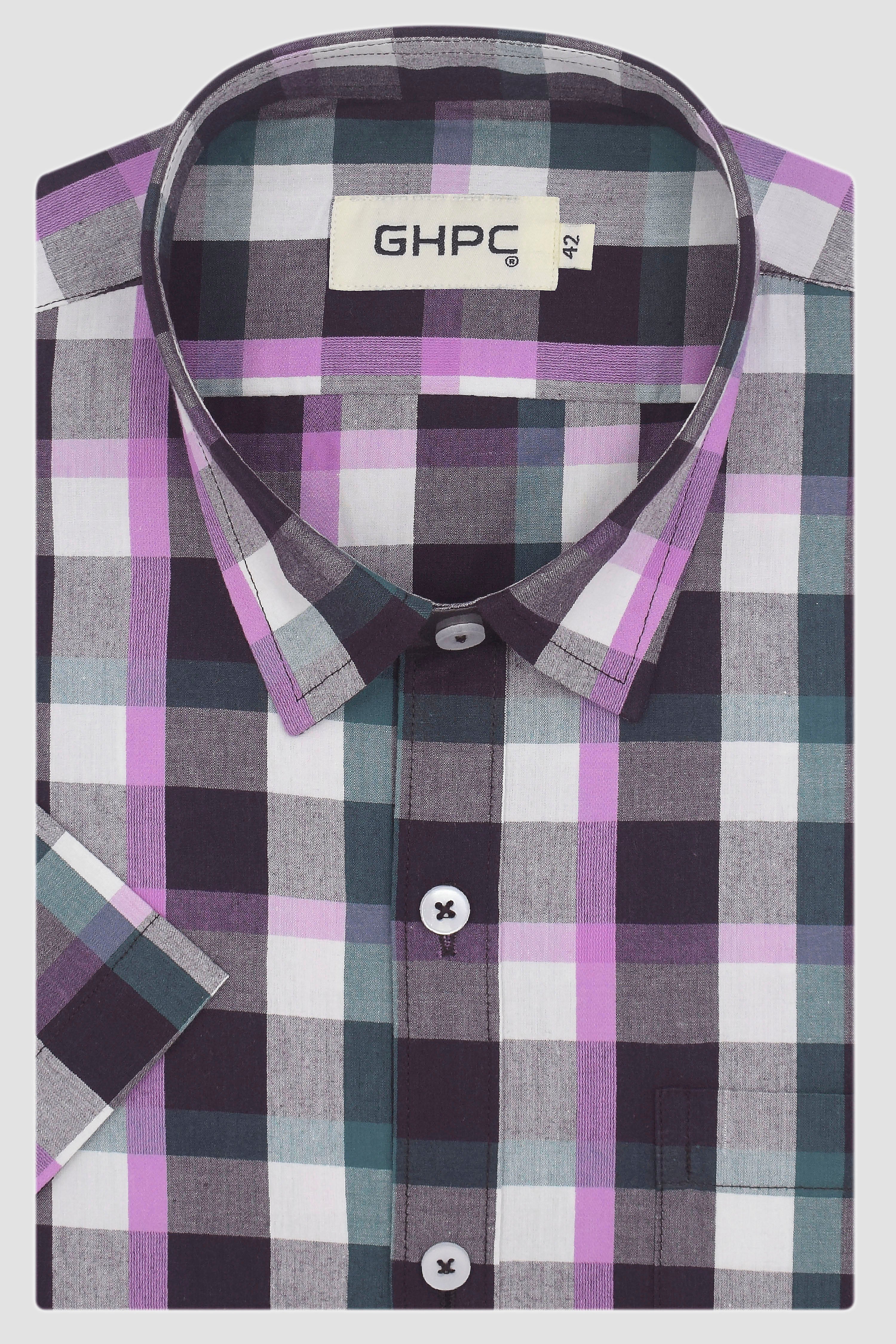 Men's 100% Cotton Plaid Checks Half Sleeves Shirt (Burgundy)