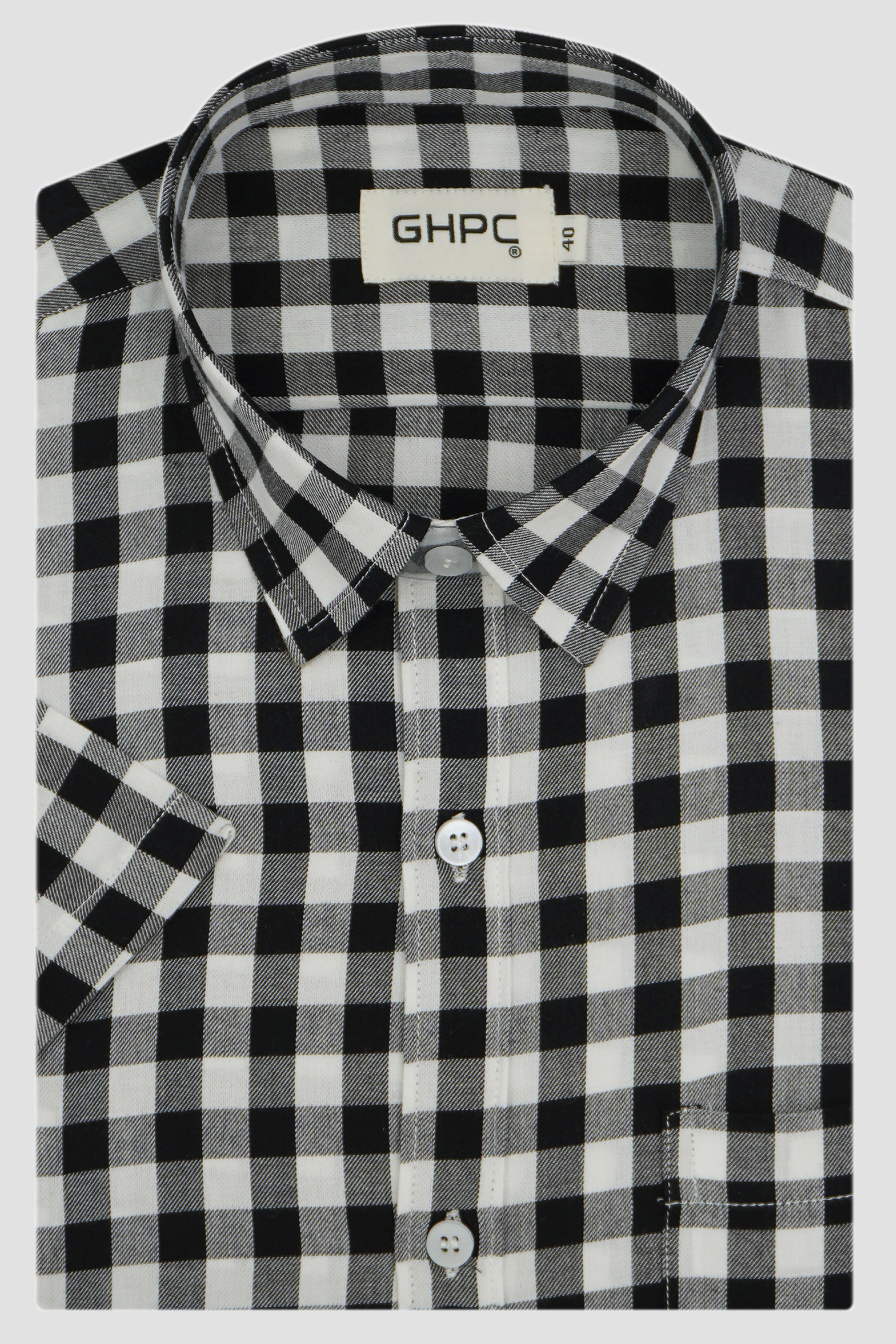 Men's 100% Cotton Gingham Checks Half Sleeves Shirt (Black)