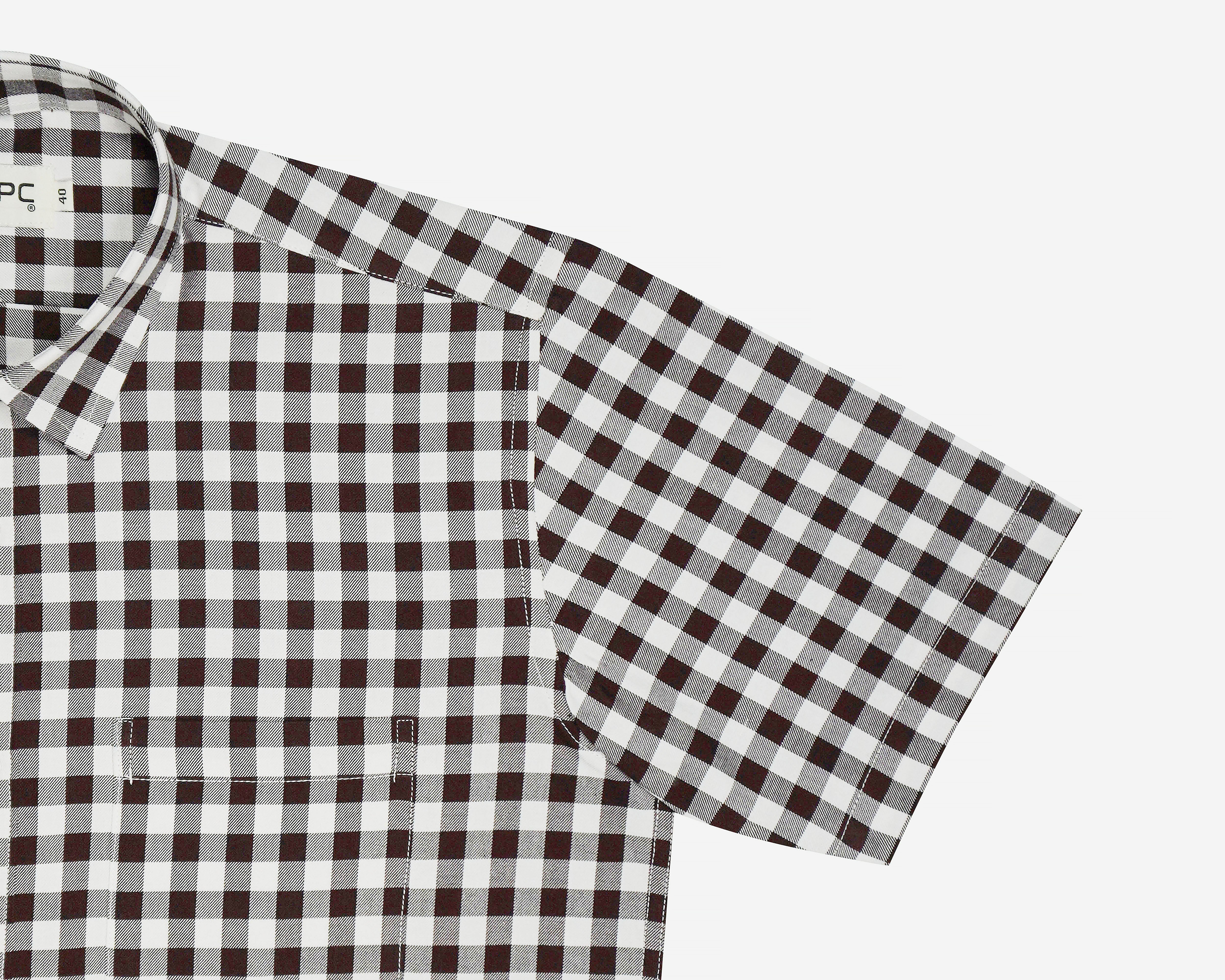 Men's 100% Cotton Gingham Checks Half Sleeves Shirt (Cola)