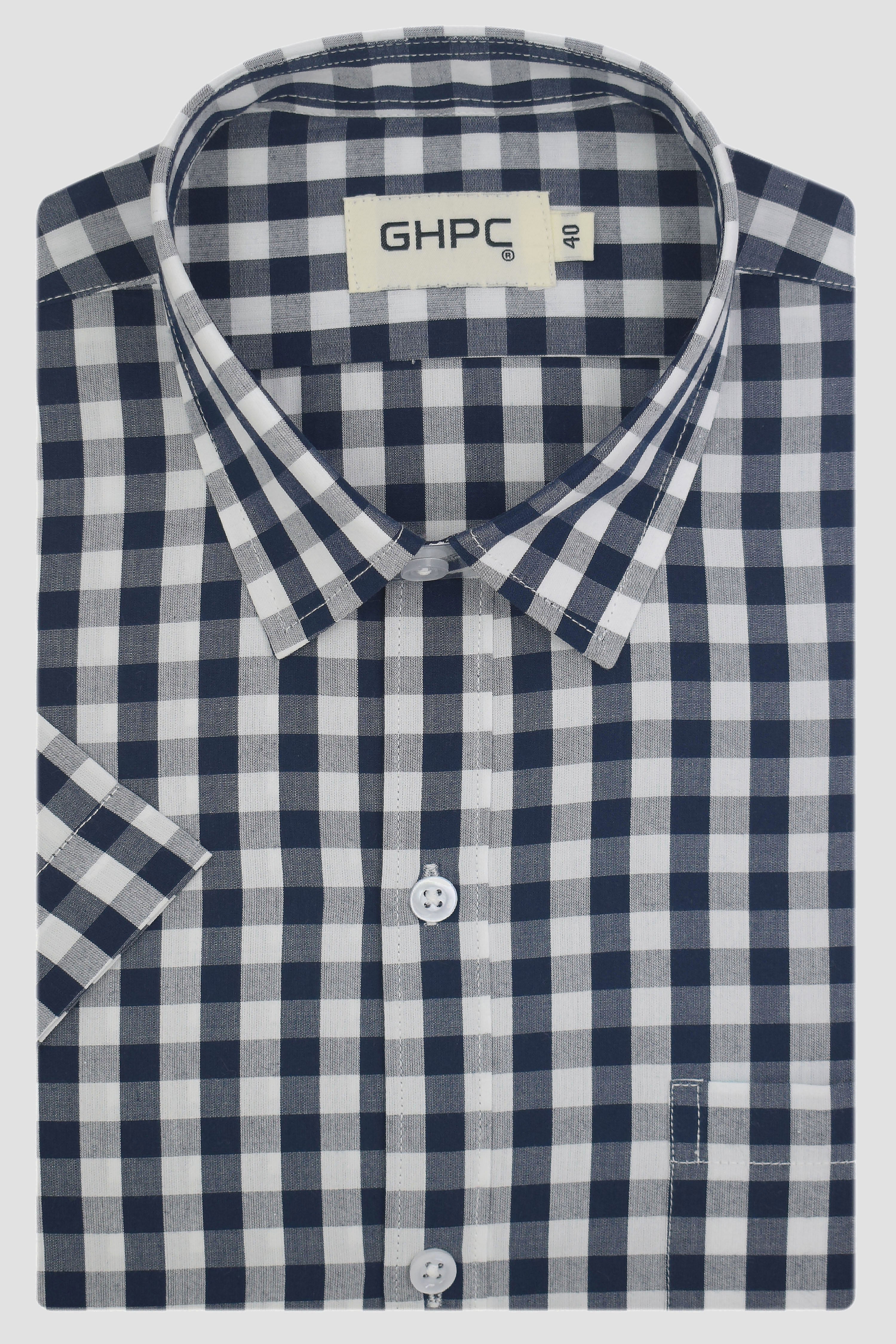Men's 100% Cotton Gingham Checks Half Sleeves Shirt (Navy)