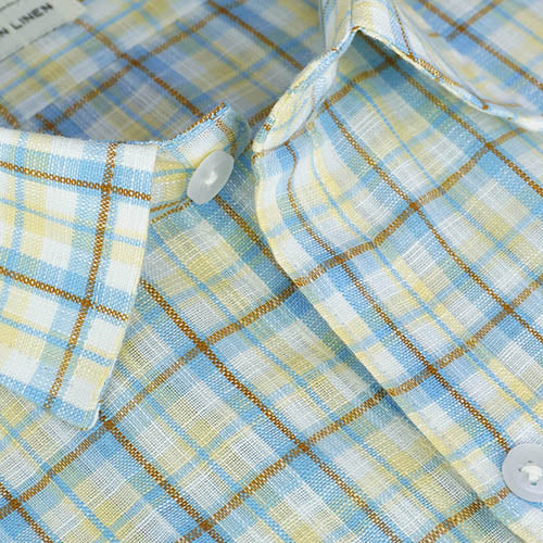 Men's Cotton Linen Plaid Checkered Half Sleeves Shirt (Blue) FSH305347_4