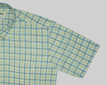 Men's Cotton Linen Plaid Checkered Half Sleeves Shirt (Blue) FSH305347_5