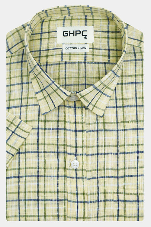 Men's Cotton Linen Windowpane Checkered Half Sleeves Shirt (Blue) FSH305447_1