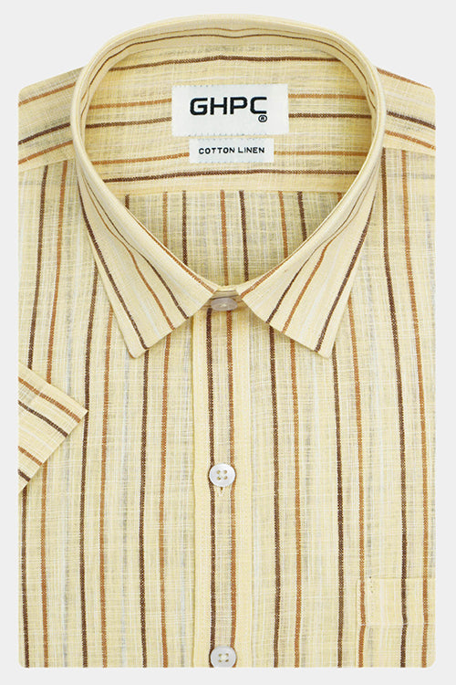 Men's Cotton Linen Chalk Striped Half Sleeves Shirt (Brown) FSH305519_1