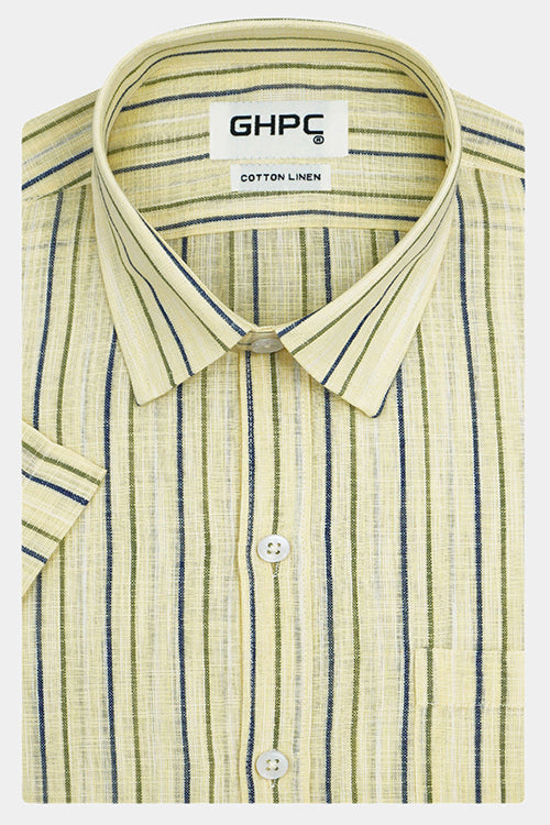 Men's Cotton Linen Chalk Striped Half Sleeves Shirt (Blue) FSH305547_1