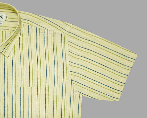 Men's Cotton Linen Chalk Striped Half Sleeves Shirt (Blue) FSH305547_5