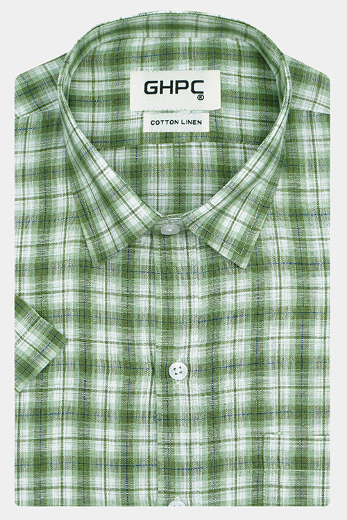 Men's Cotton Linen Plaid Checkered Half Sleeves Shirt (Green) FSH305718_1