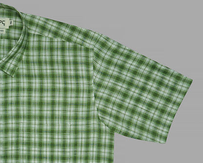 Men's Cotton Linen Plaid Checkered Half Sleeves Shirt (Green) FSH305718_5