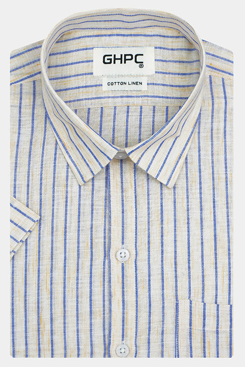 Men's Cotton Linen Chalk Striped Half Sleeves Shirt (Yellow) FSH306210_1