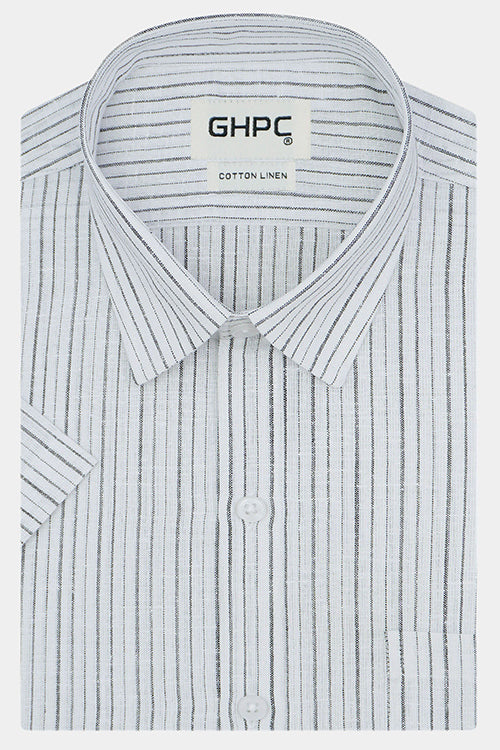 Men's Cotton Linen Balance Striped Half Sleeves Shirt (White) FSH306401_1