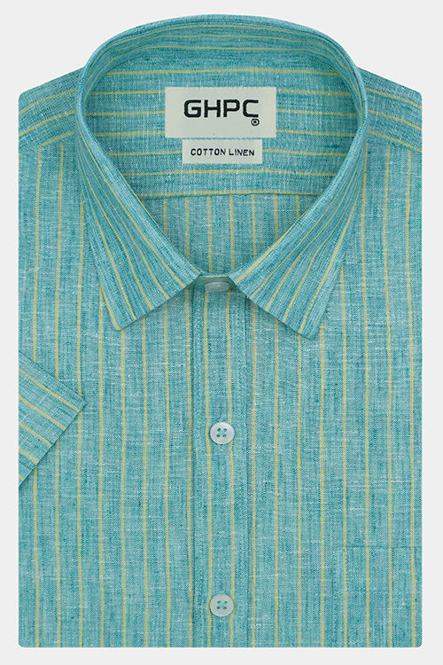 Men's Cotton Linen Chalk Striped Half Sleeves Shirt (Green) FSH306618_1