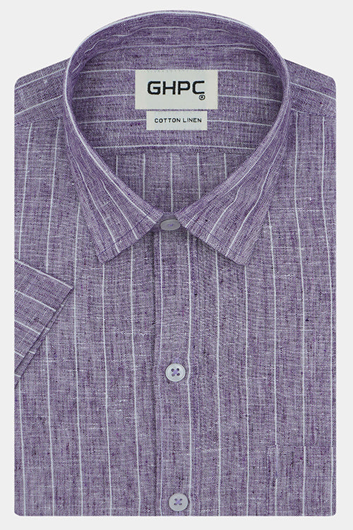 Men's Cotton Linen Chalk Striped Half Sleeves Shirt (Purple) FSH306713_1