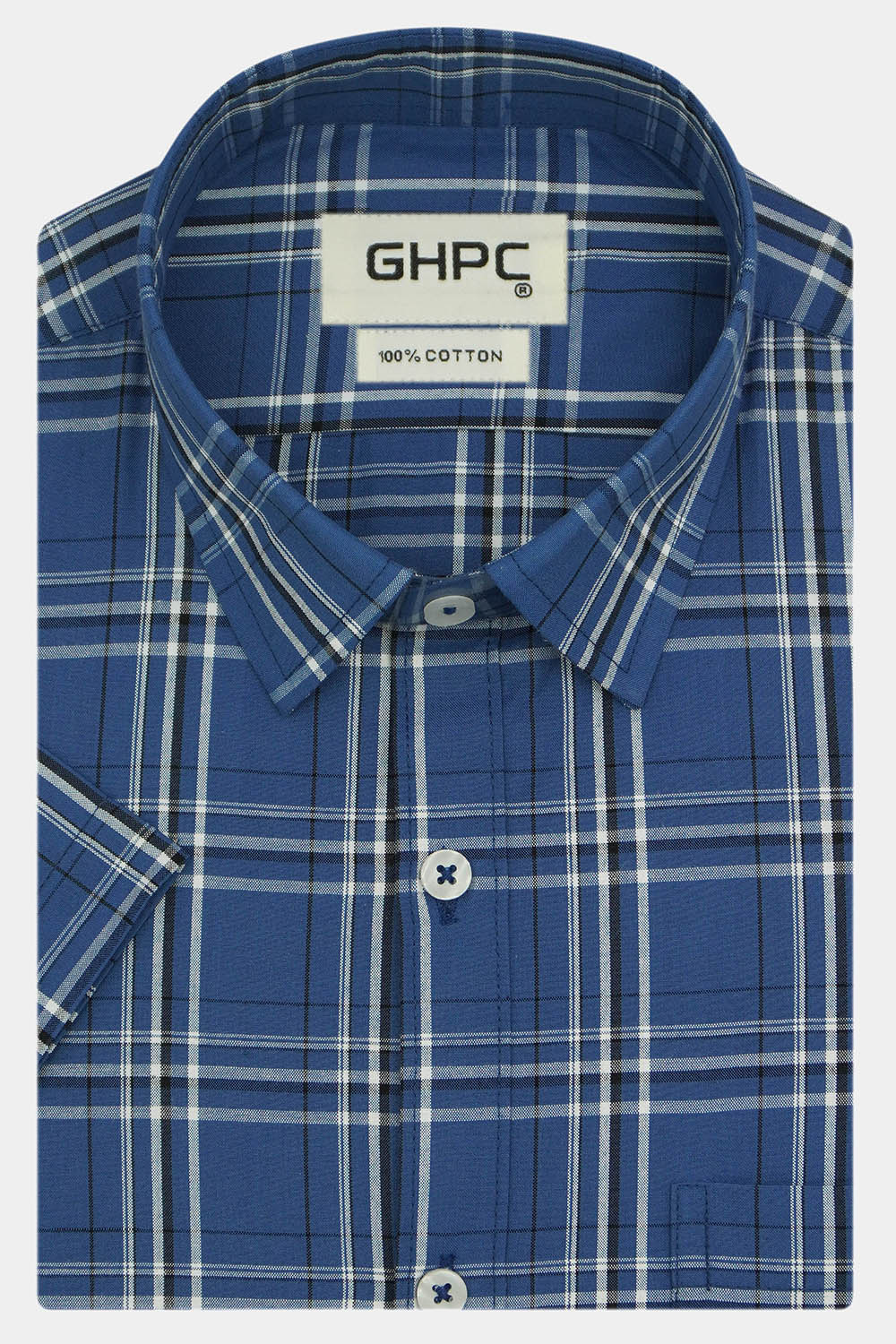 Men's 100% Cotton Checkered Half Sleeves Shirt (Blue)