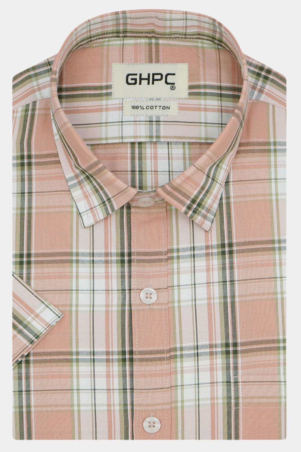 Men's 100% Cotton Checkered Half Sleeves Shirt (Peach)
