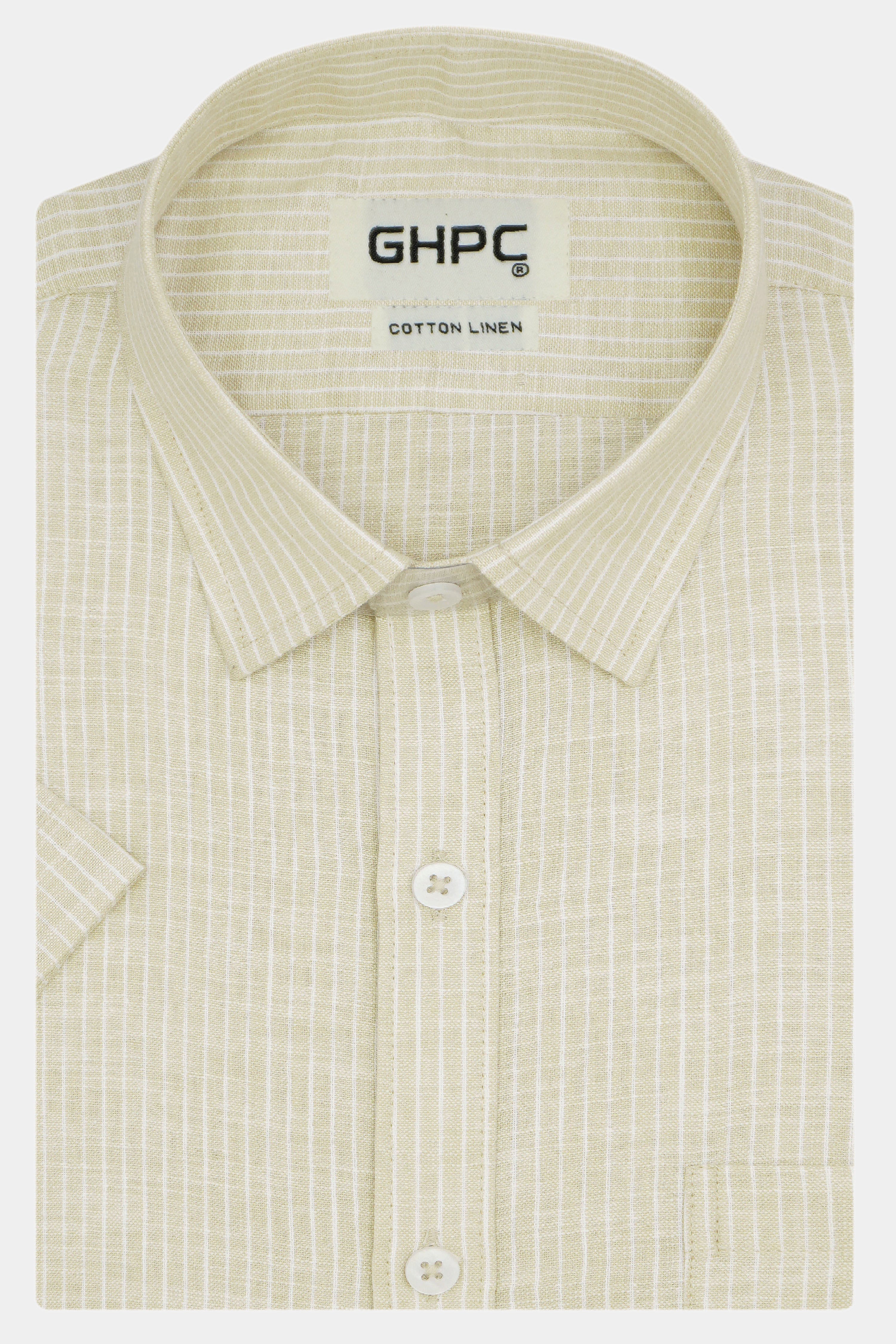 Men's Cotton Linen Striped Half Sleeves Shirt (Beige)