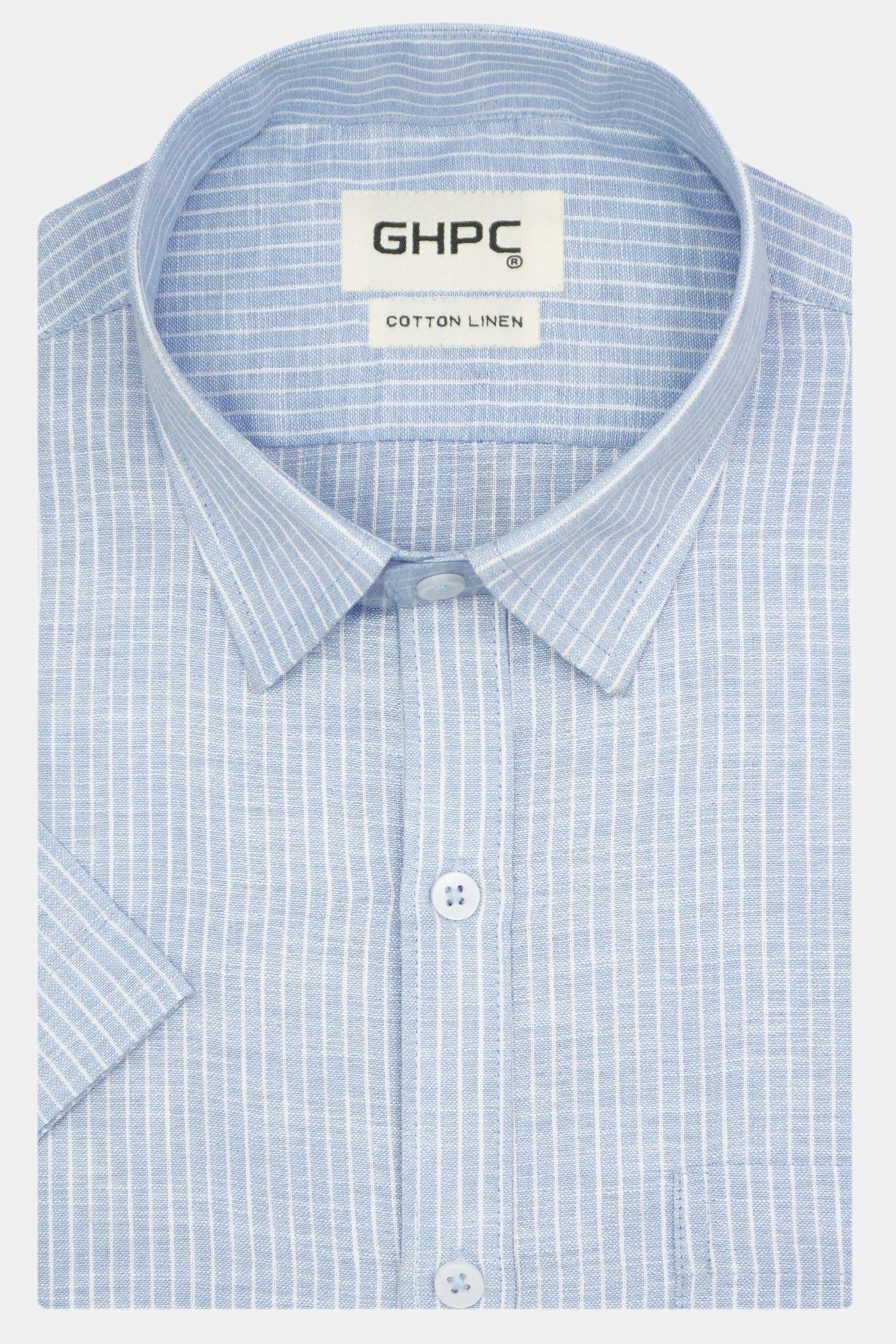 Men's Cotton Linen Striped Half Sleeves Shirt (Blue)
