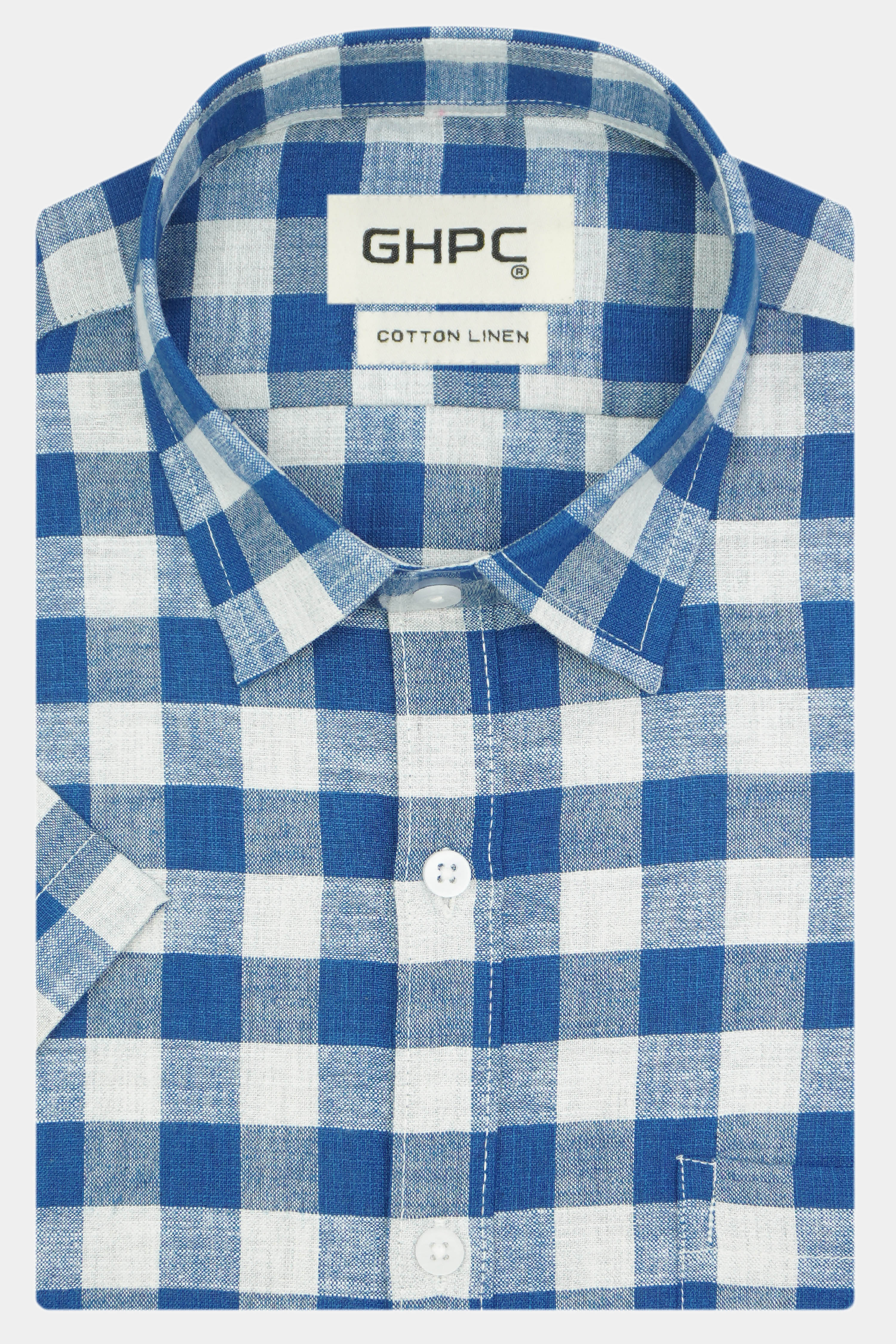 Men's Cotton Linen Checkered Half Sleeves Shirt (Blue)