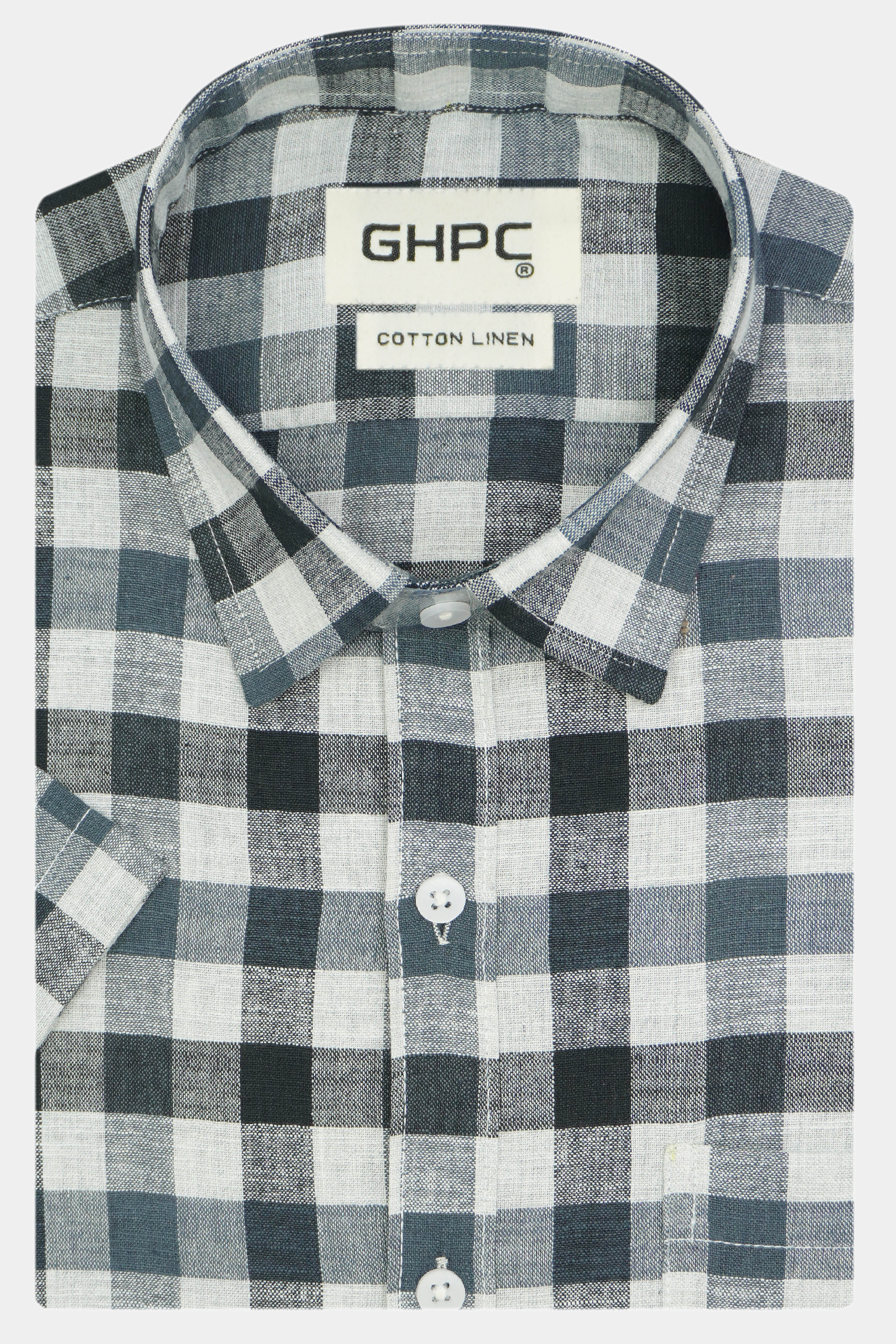 Men's Cotton Linen Checkered Half Sleeves Shirt (Grey)