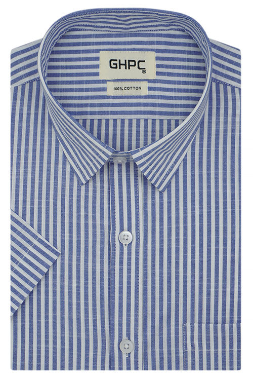 Men's 100% Cotton Hickory Striped Half Sleeves Shirt (Blue) FSH407747_1