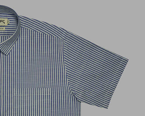 Men's 100% Cotton Hickory Striped Half Sleeves Shirt (Blue) FSH407747_5