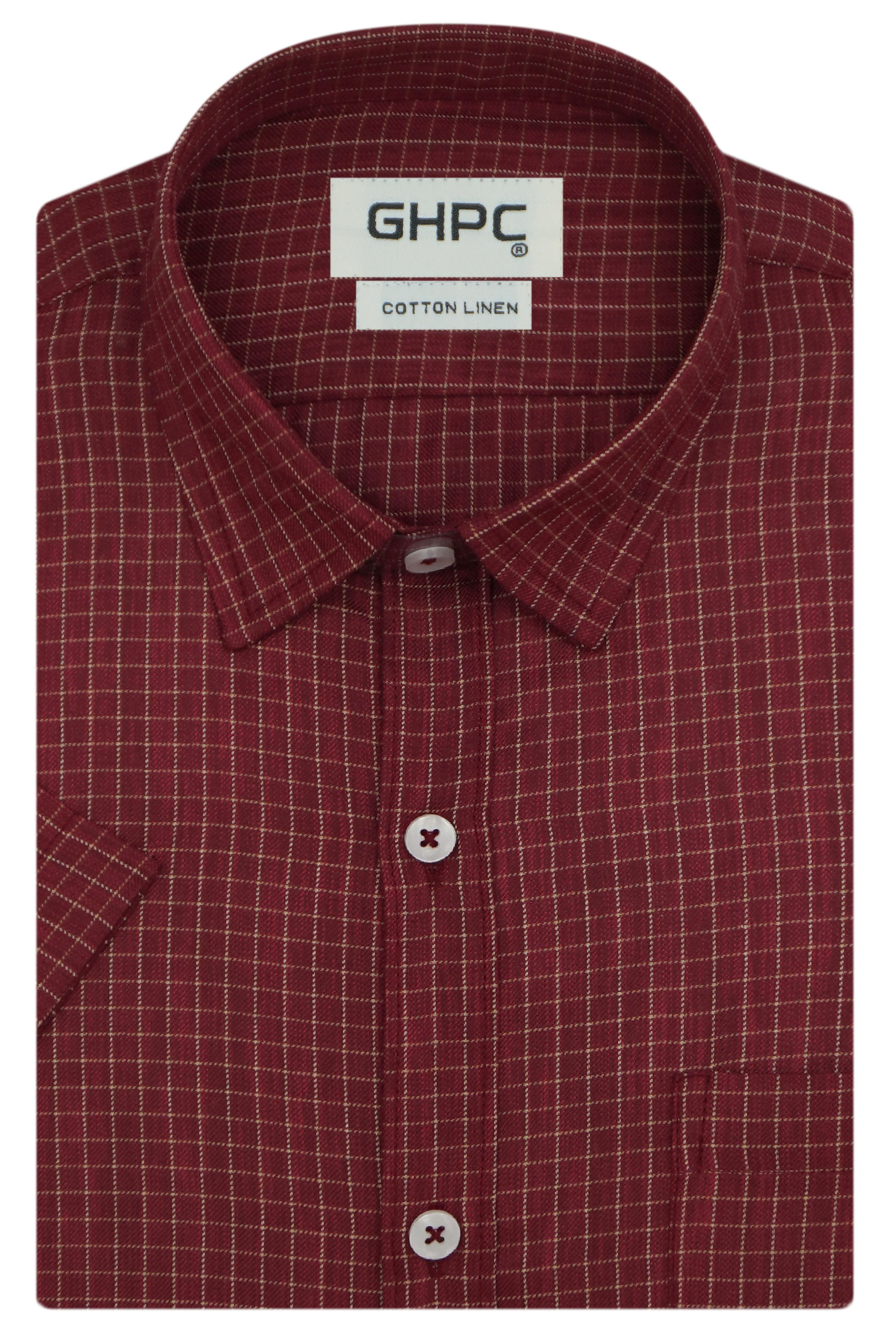 Men's Cotton Linen Checkered Half Sleeves Shirt (Maroon)