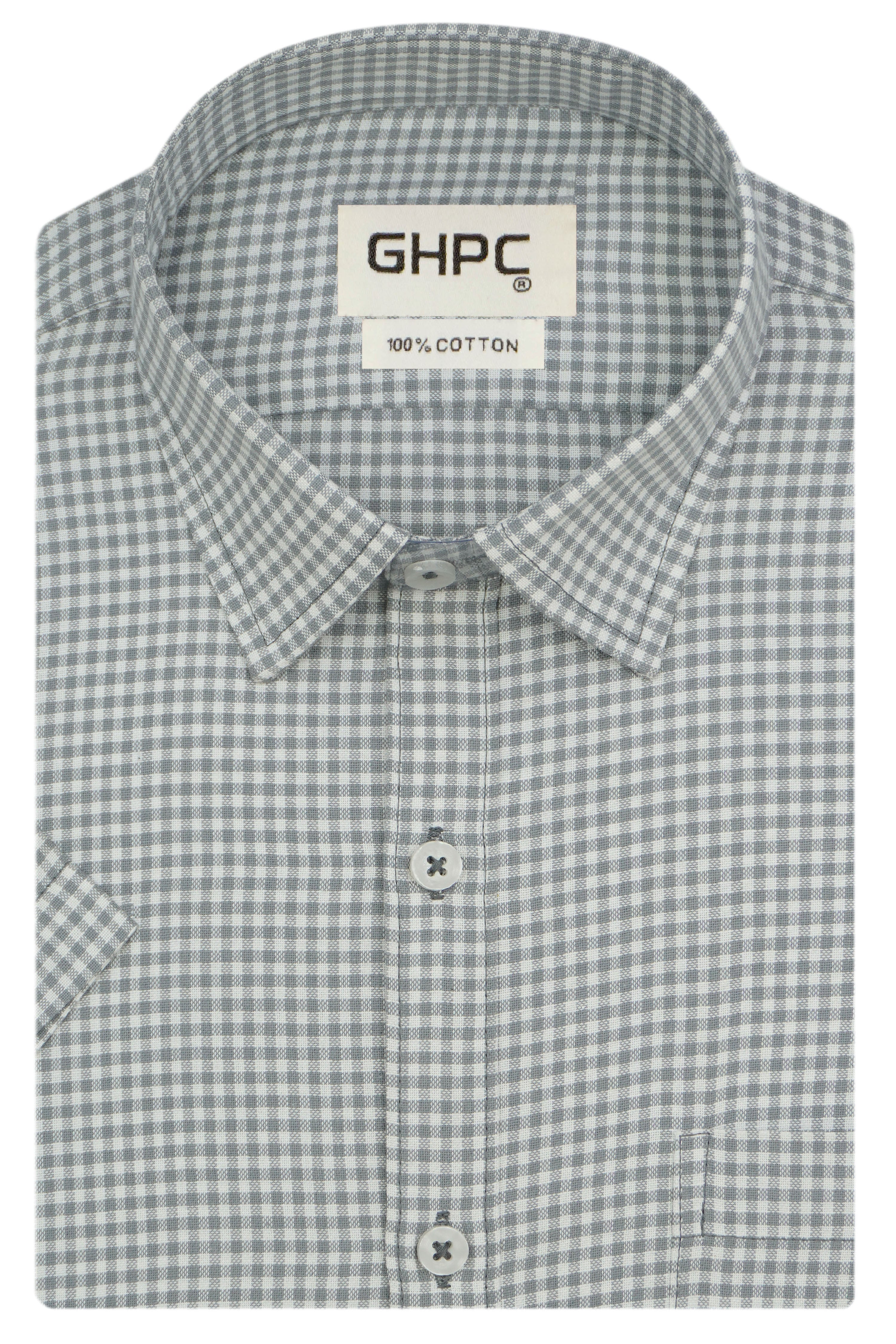 Men's 100% Cotton Checkered Half Sleeves Shirt (Grey)