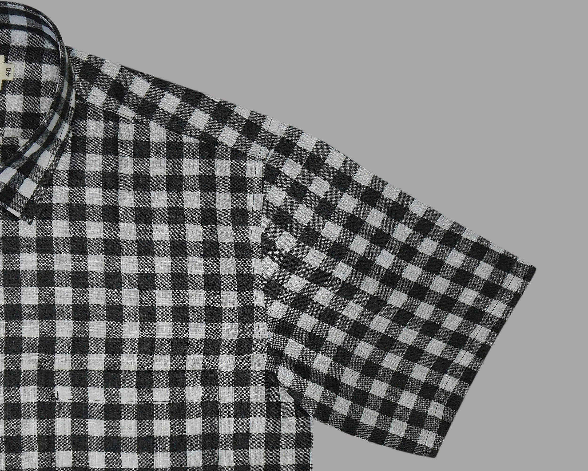 Men's Cotton Linen Checkered Half Sleeves Shirt (Black)