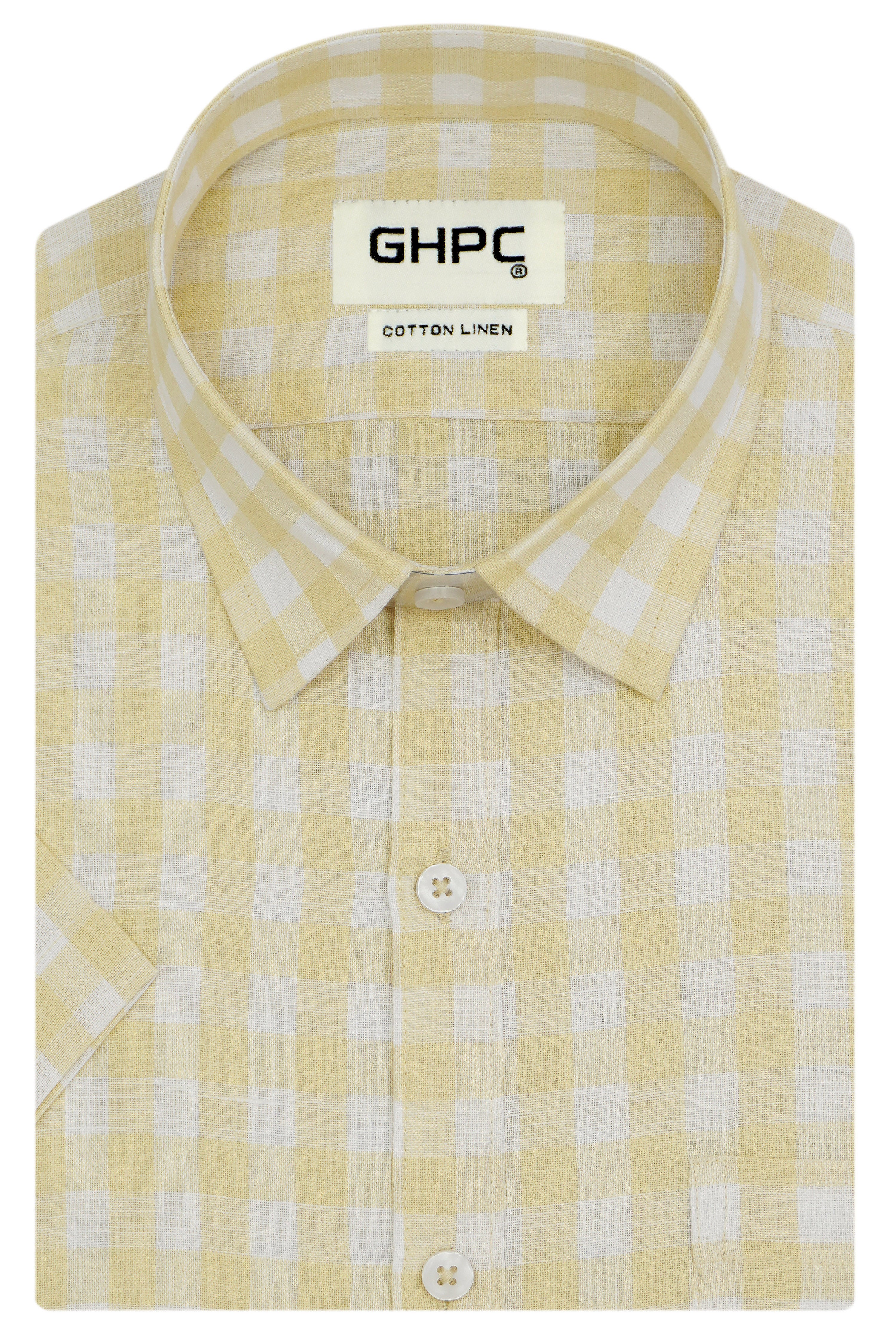 Men's Cotton Linen Checkered Half Sleeves Shirt (Yellow)