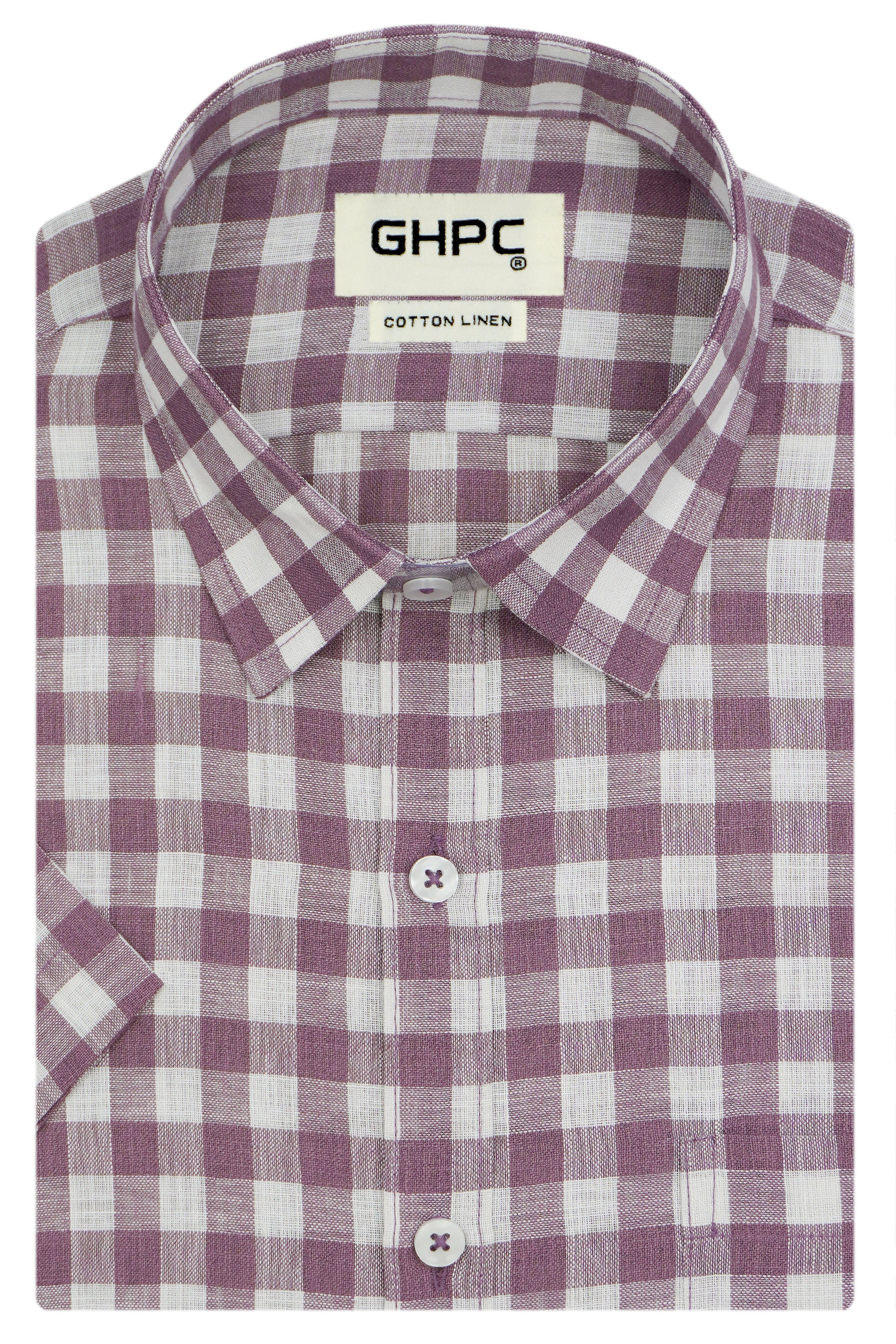 Men's Cotton Linen Checkered Half Sleeves Shirt (Purple)