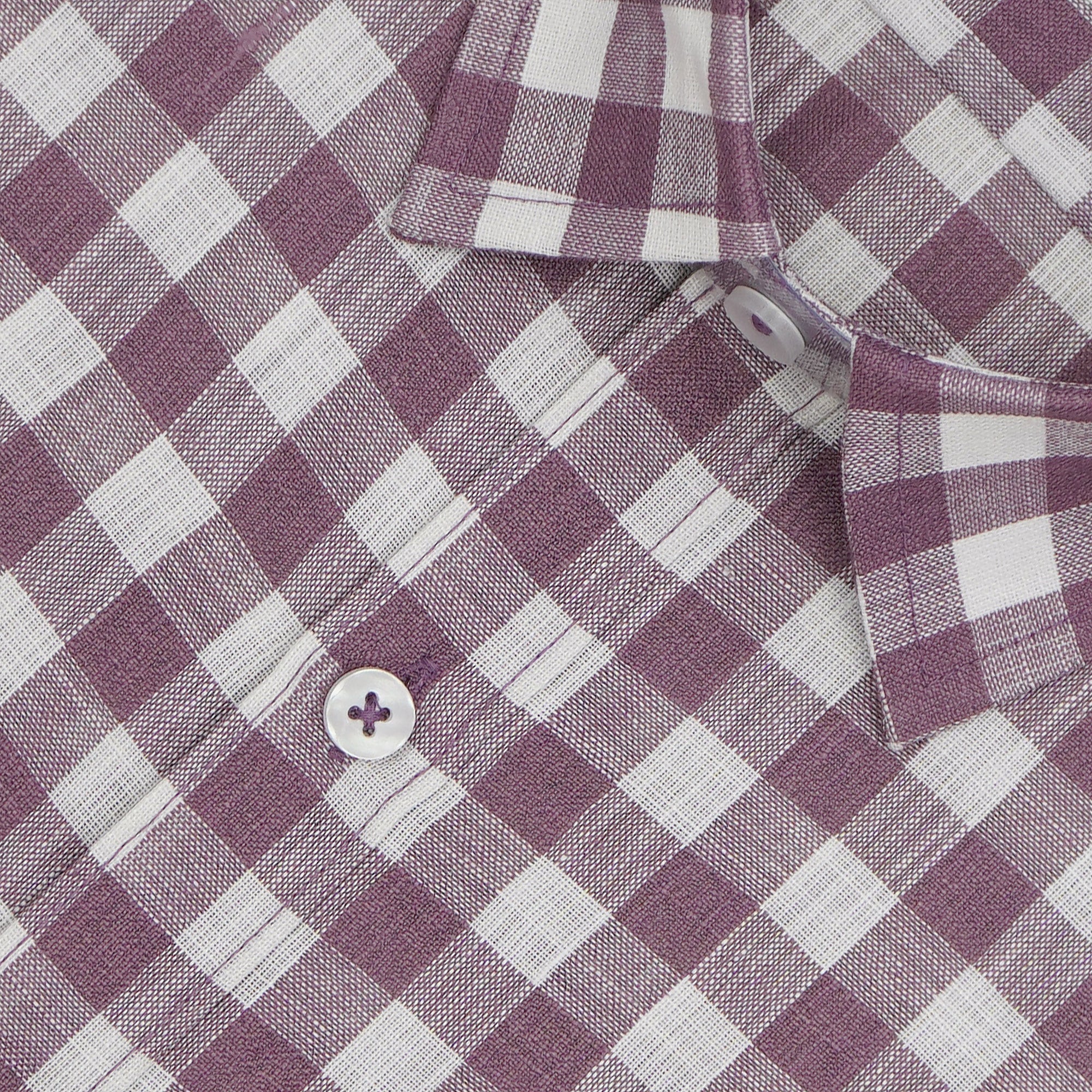 Men's Cotton Linen Checkered Half Sleeves Shirt (Purple)