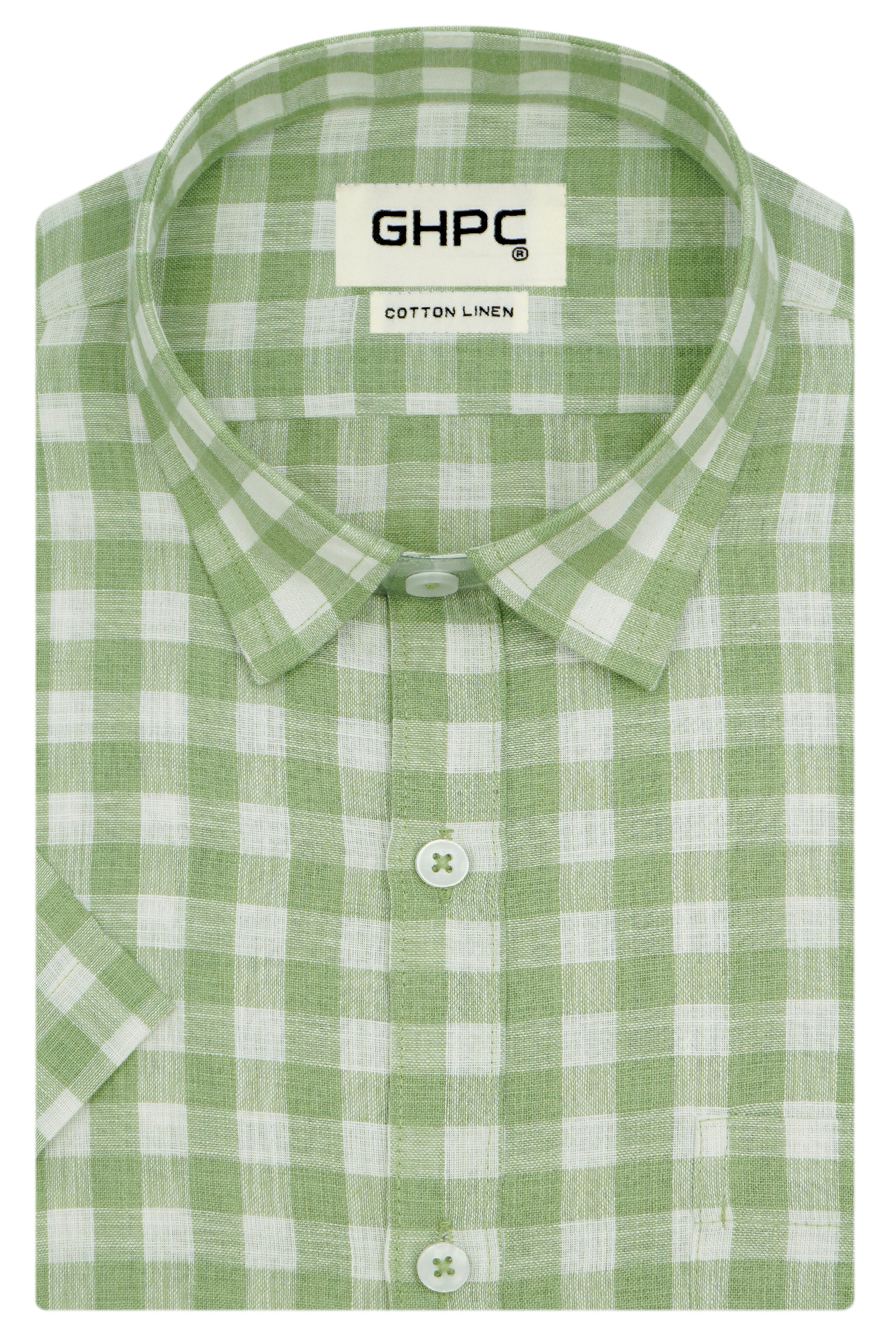 Men's Cotton Linen Checkered Half Sleeves Shirt (Sea Green)