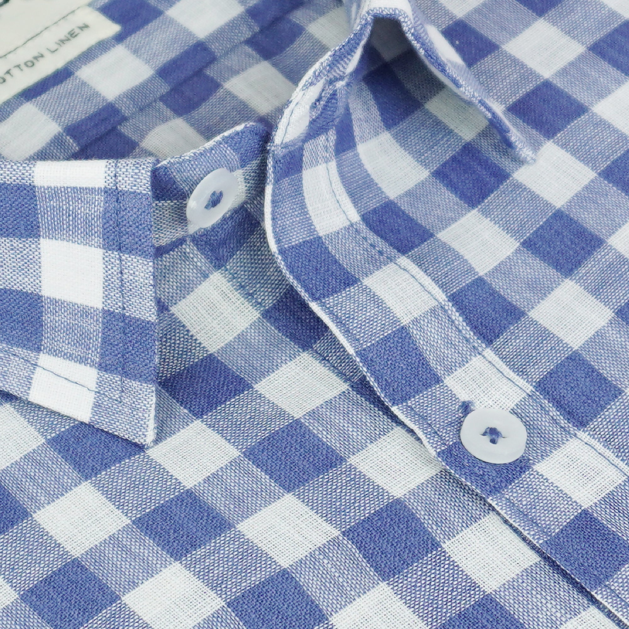 Men's Cotton Linen Checkered Half Sleeves Shirt (Blue)