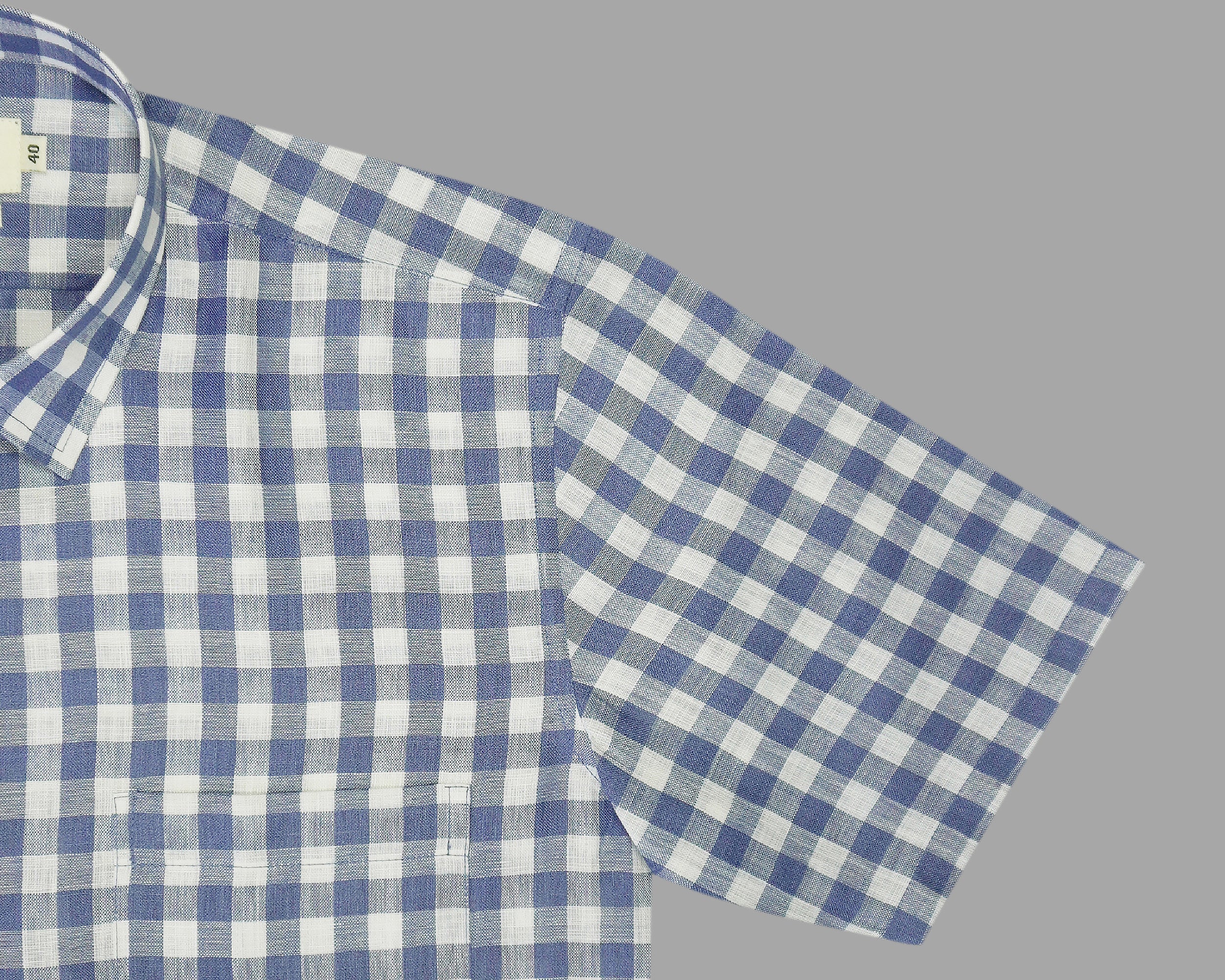 Men's Cotton Linen Checkered Half Sleeves Shirt (Blue)