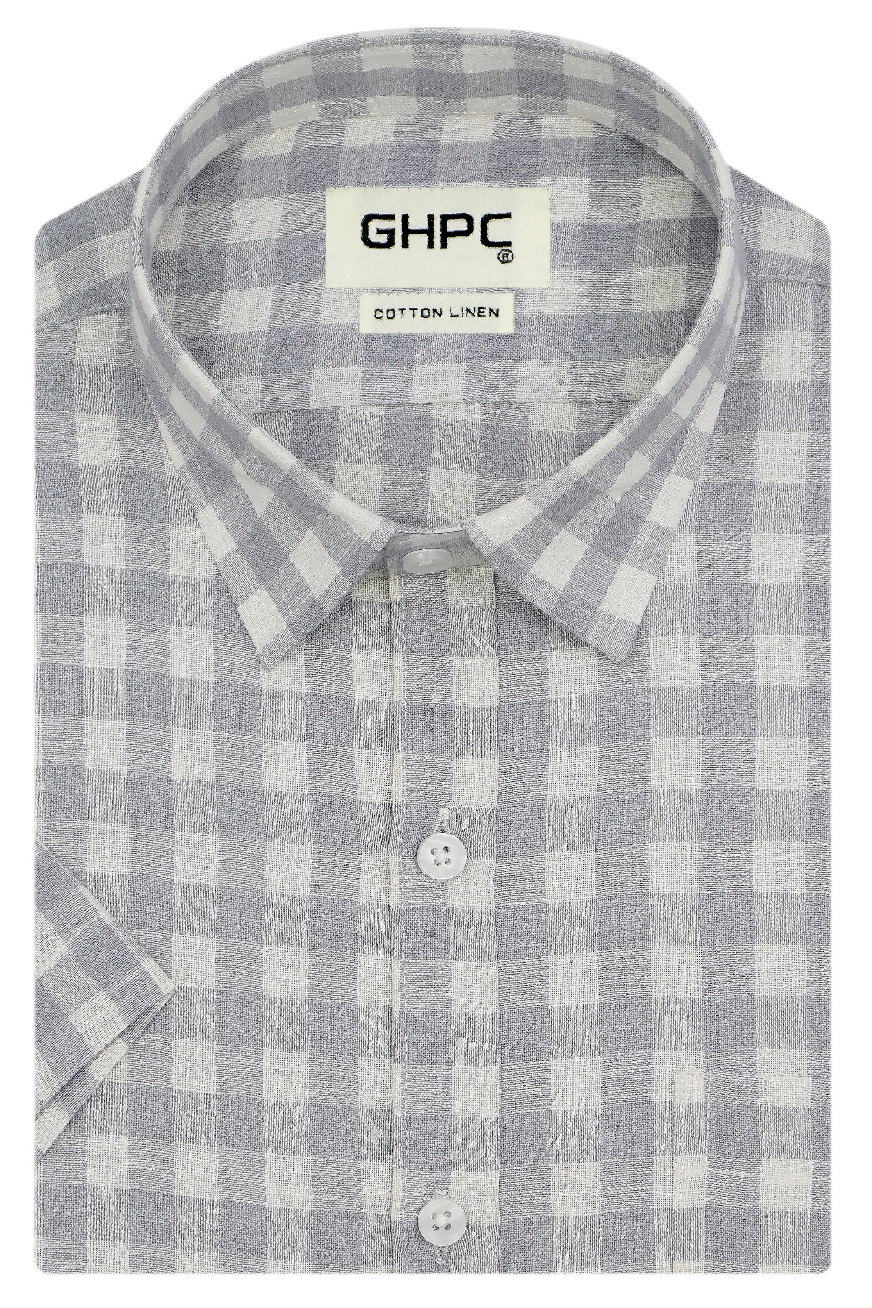 Men's Cotton Linen Checkered Half Sleeves Shirt (Grey)