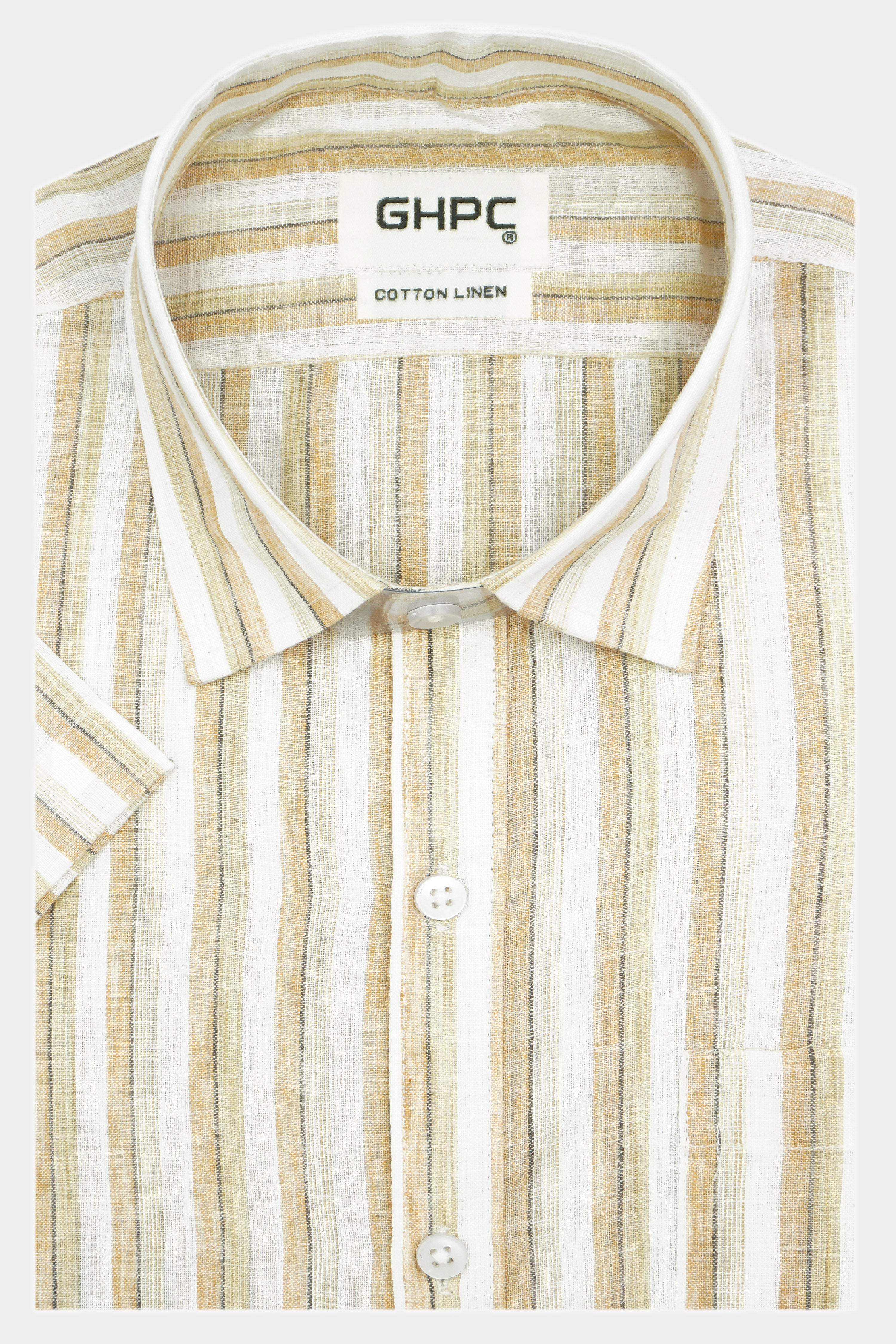 Men's Cotton Linen Striped Half Sleeves Shirt (Orange)