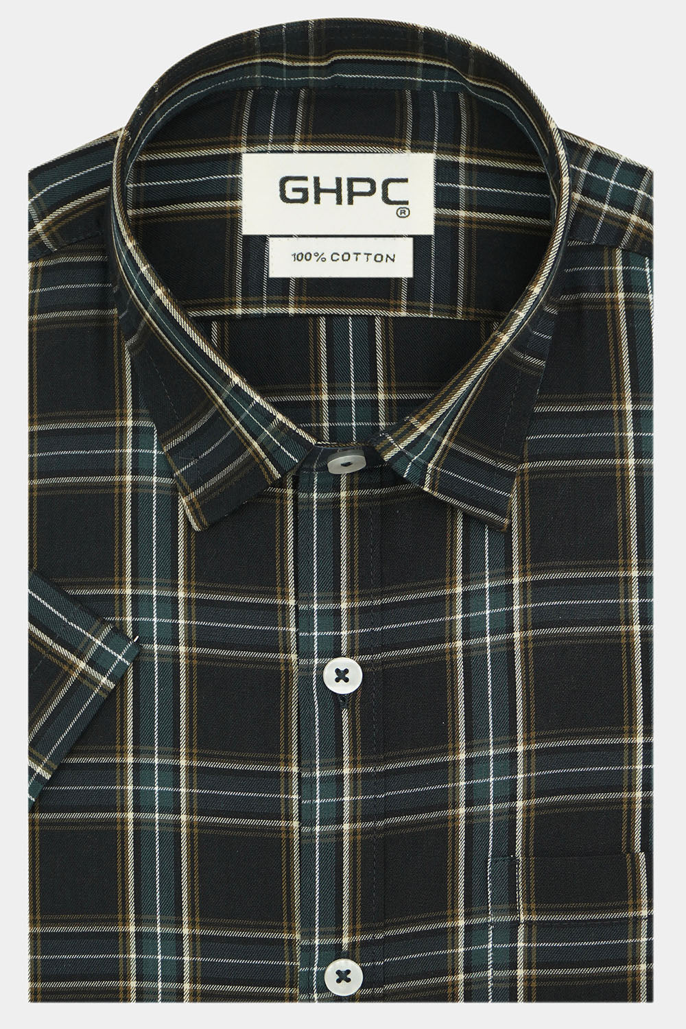 Men's 100% Cotton Checkered Half Sleeves Shirt (Black)