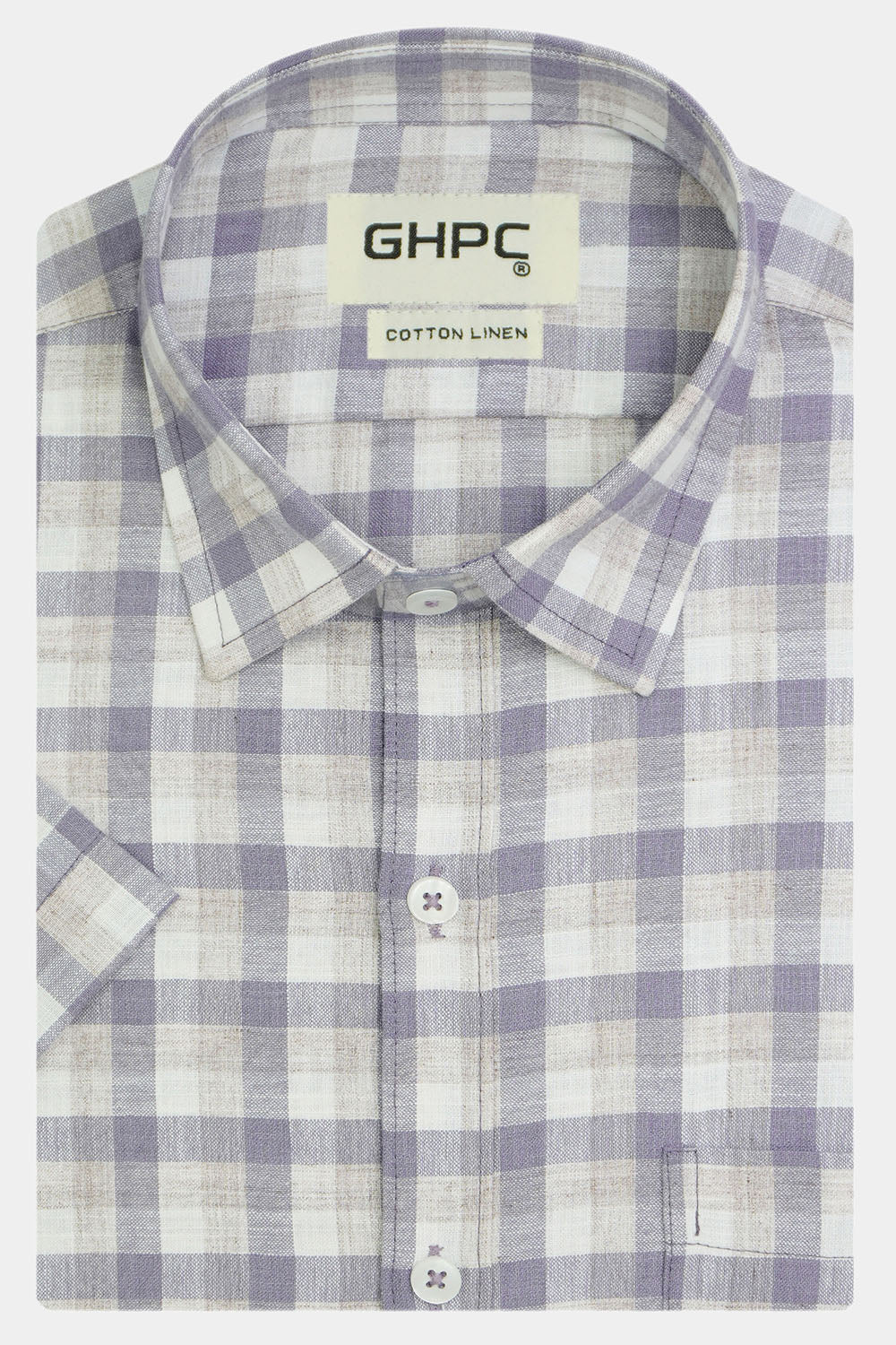 Men's Cotton Linen Checkered Half Sleeves Shirt (Purple)