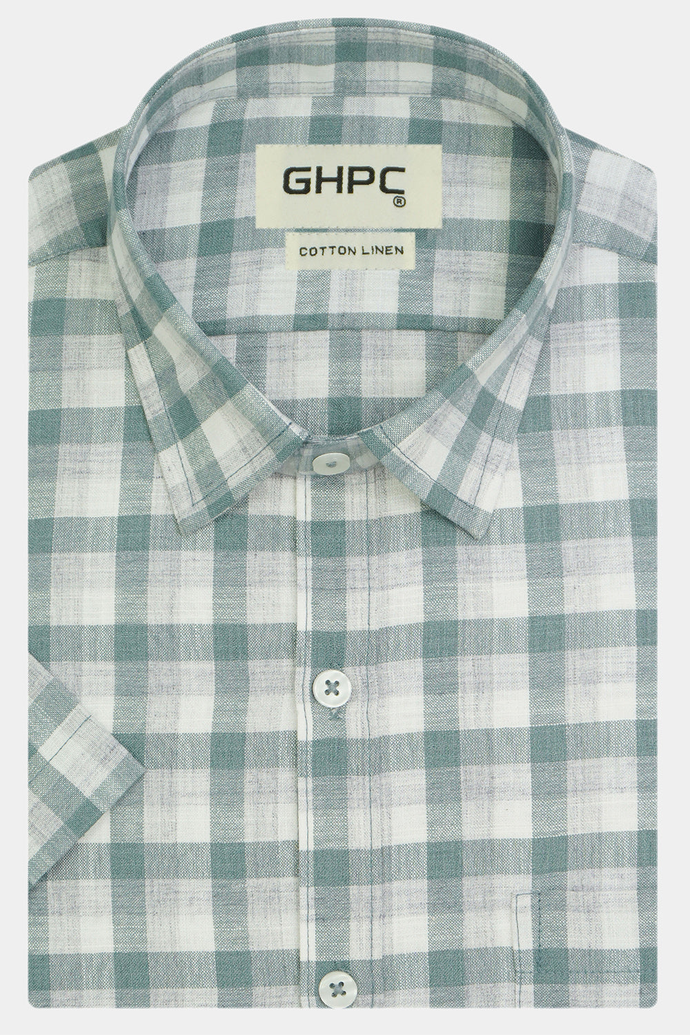 Men's Cotton Linen Checkered Half Sleeves Shirt (Green)