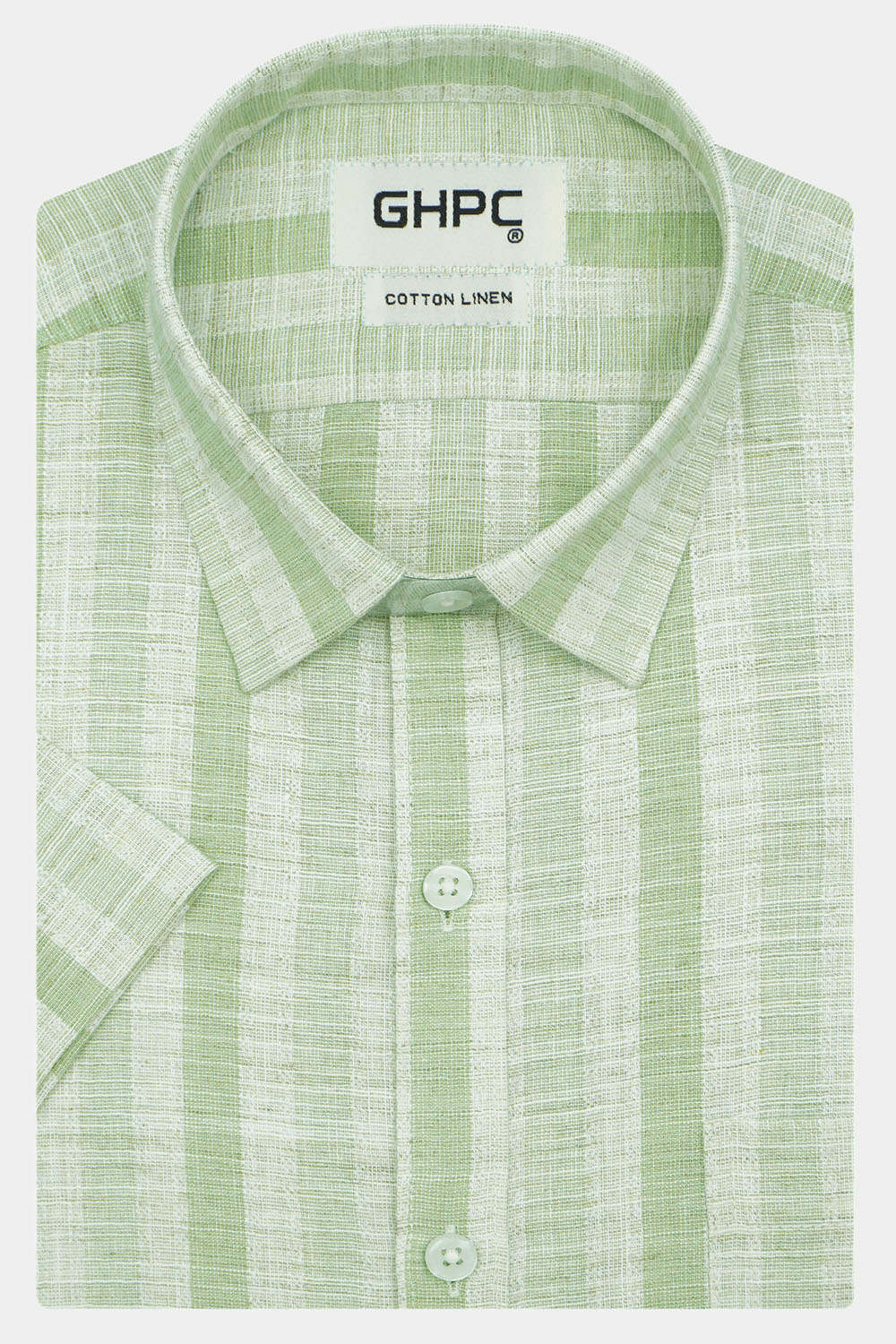Men's Cotton Linen Striped Half Sleeves Shirt (Green)