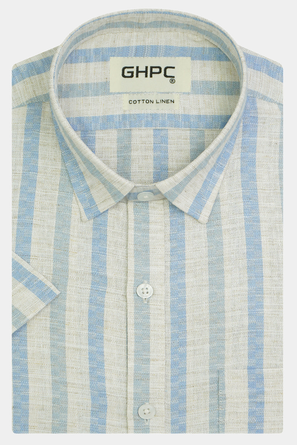 Men's Cotton Linen Striped Half Sleeves Shirt (Blue)
